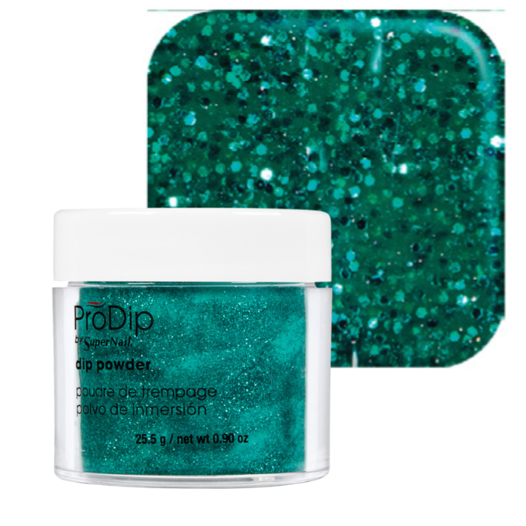 A jar of ProDip Nail acrylic dipping powder in a sparkling teal green shade, shown in front of a matching square color swatch on a white background.