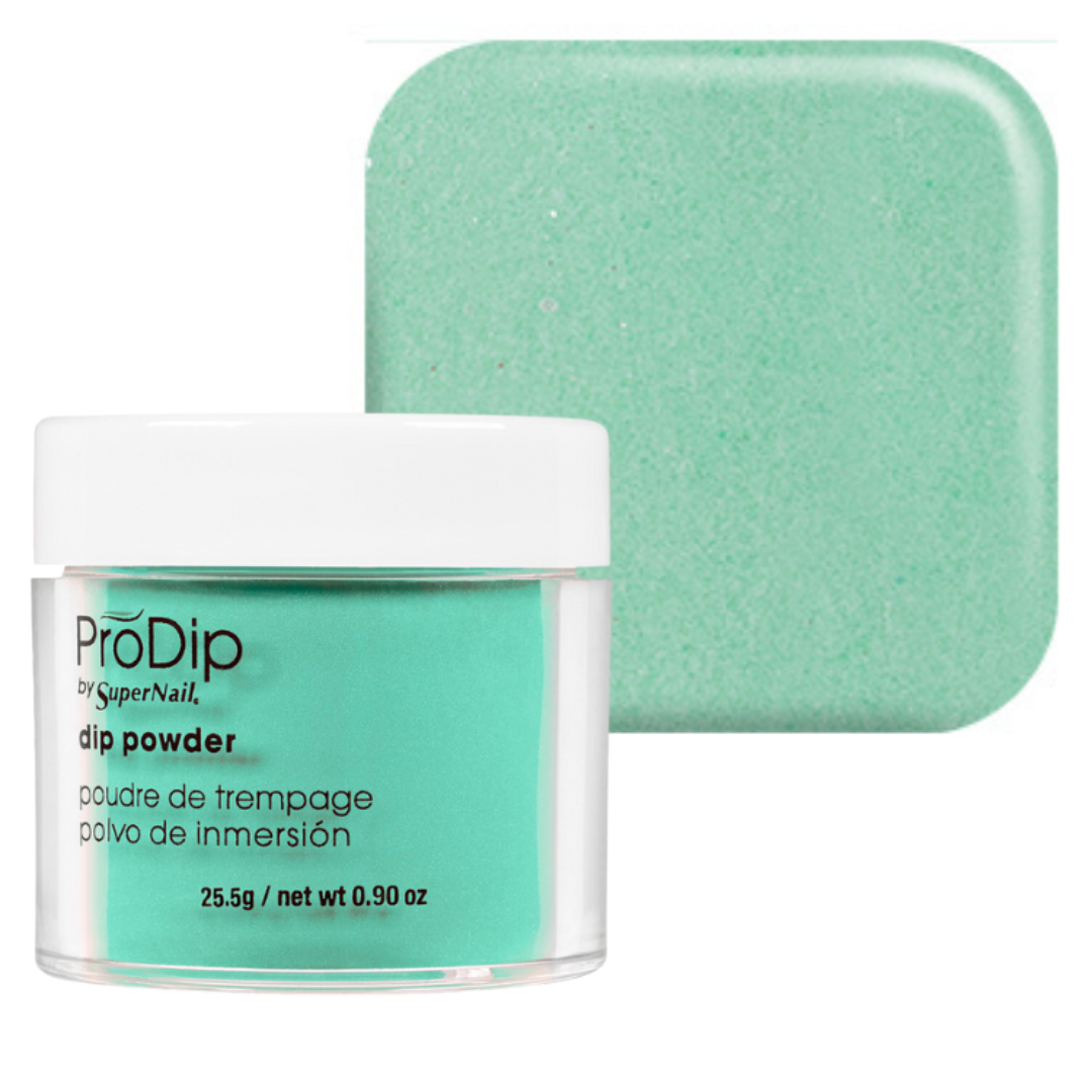ProDip by SuperNail acrylic dipping powder in a mint green shade, shown in a clear jar with a white lid alongside a square sample swatch of the powder.