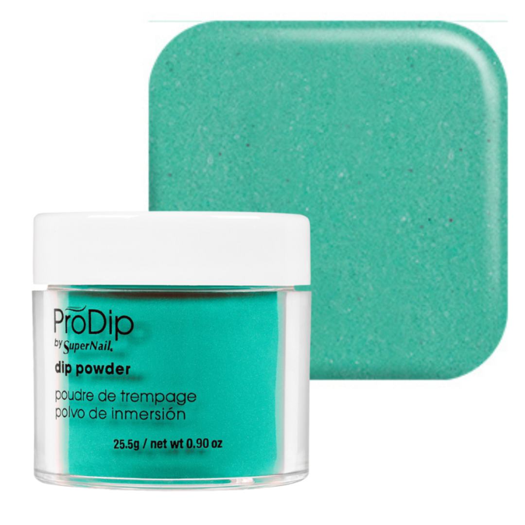 A jar of ProDip by SuperNail acrylic dipping powder in a vibrant turquoise shade, shown in front of a matching square color swatch on a white background.