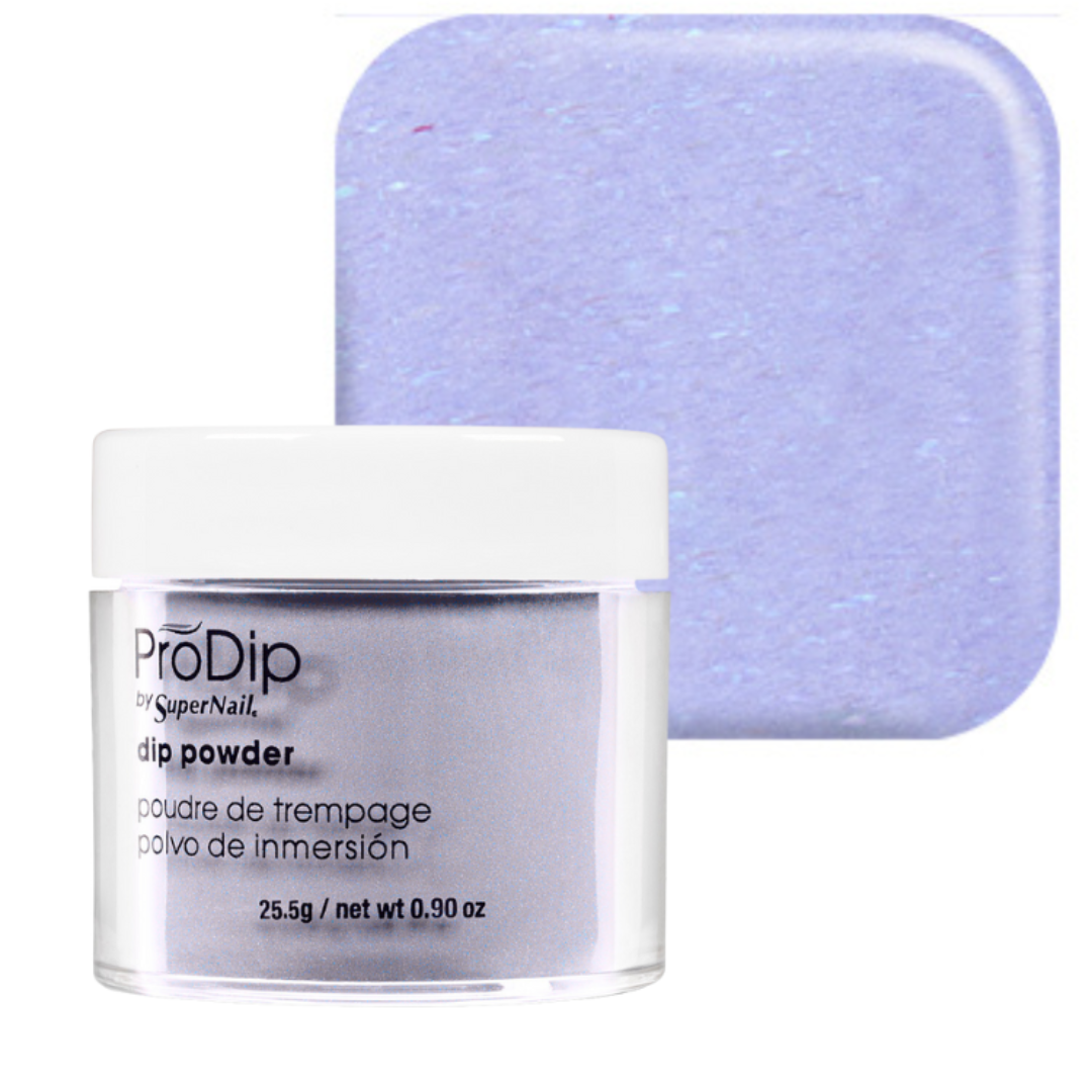 A jar of ProDip SuperNail acrylic dipping powder with a white lid and clear container, shown in front of a square swatch of the lavender-purple glitter powder.