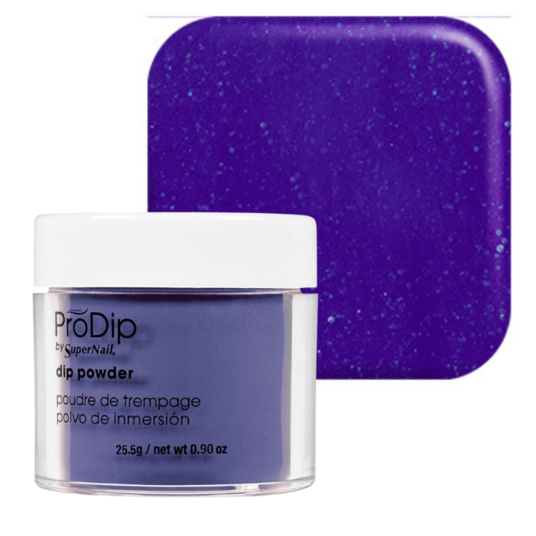 A jar of ProDip glitter acrylic dipping powder in a deep purple shade, shown in front of a matching square color swatch on a white background.