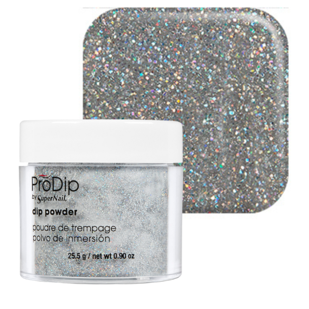 A jar of ProDip SuperNail dip powder with silver holographic glitter, shown alongside a square color swatch displaying the sparkling finish.