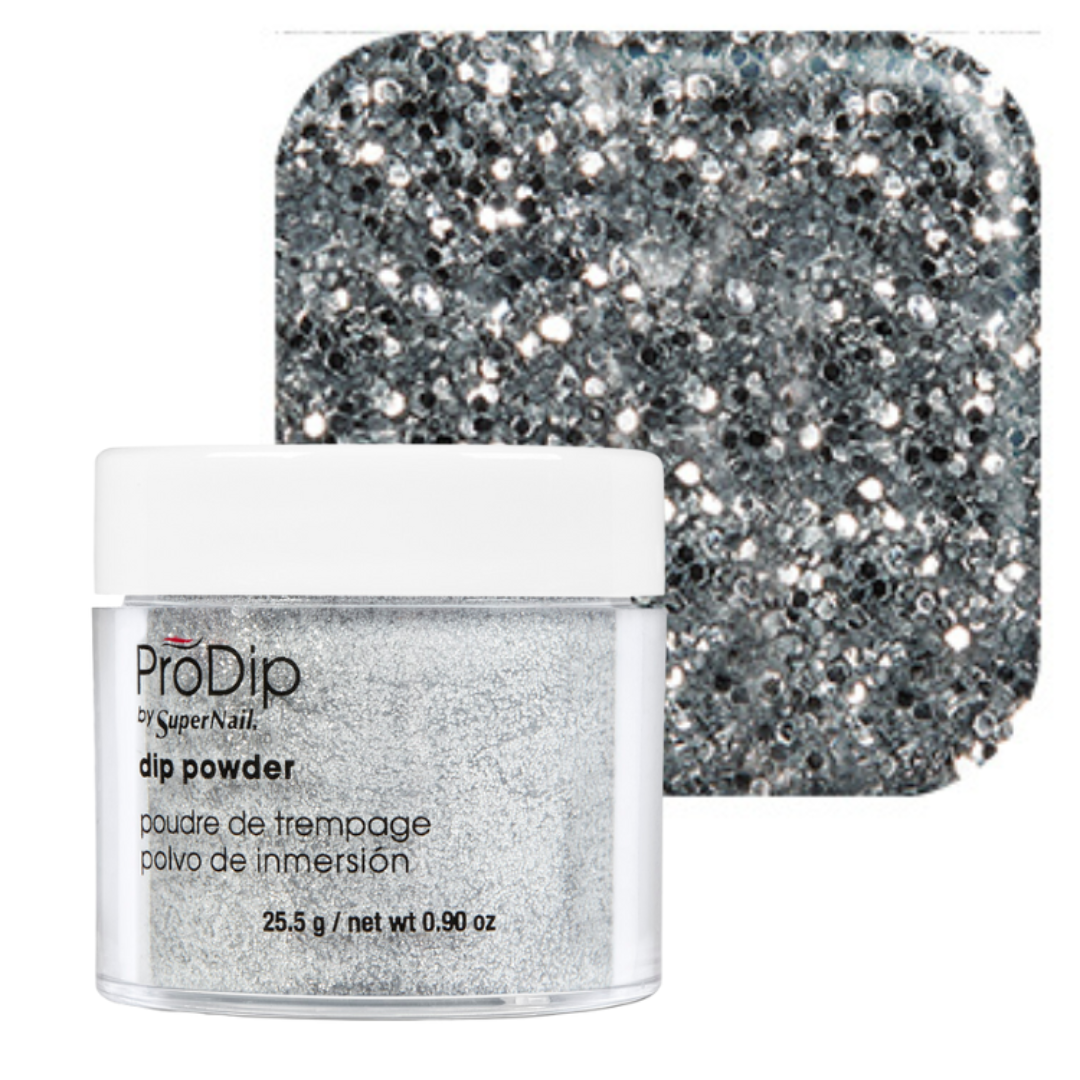 ProDip SuperNail acrylic dipping powder in a clear jar with a white lid, shown in front of a square swatch displaying the sparkly silver glitter effect.