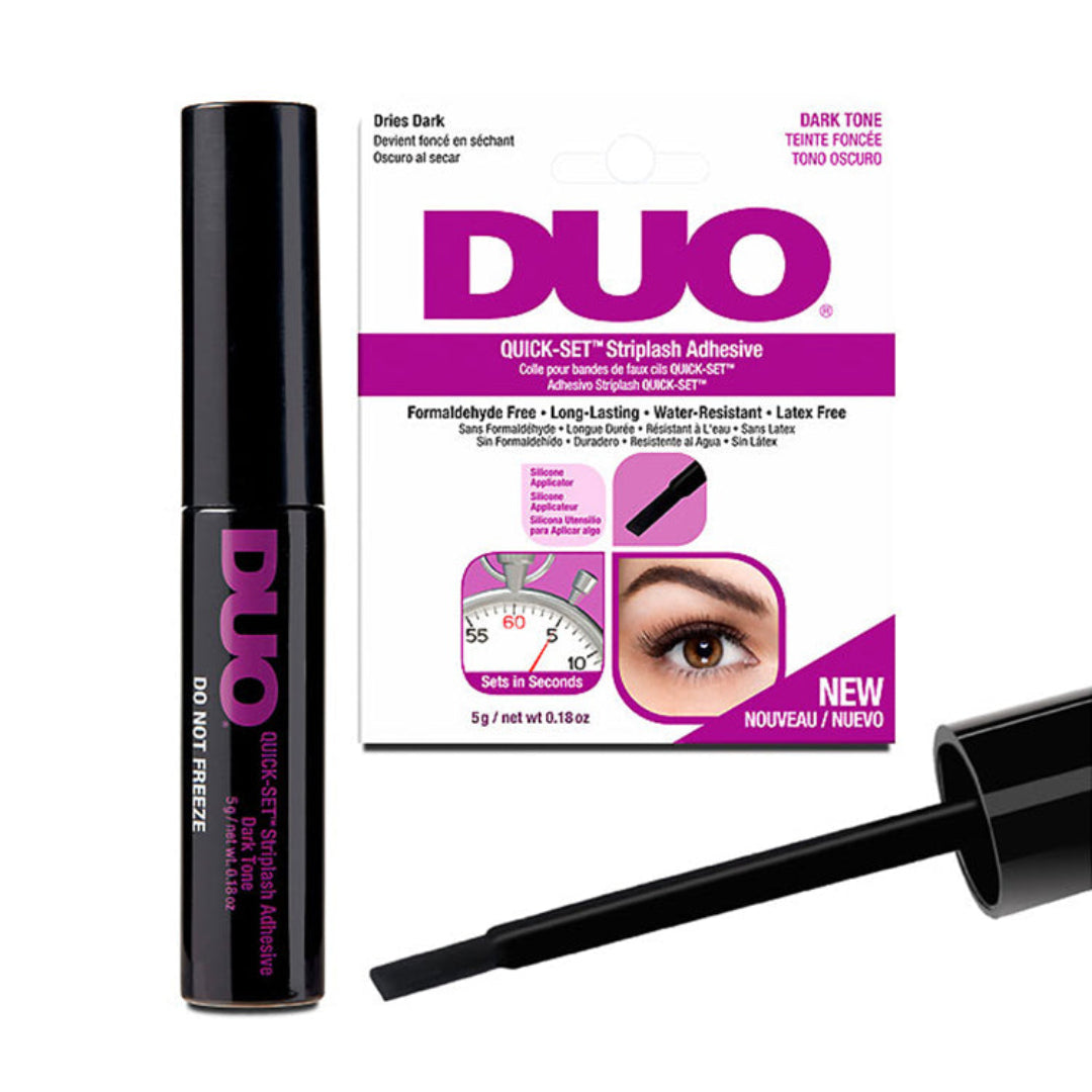 DUO Quick-Set Striplash Adhesive in a dark tone, showing the black applicator tube, the retail box, and the applicator brush on a white background.