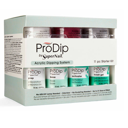 ProDip 11 Piece Acrylic System Kit containing Prep 0.5 fl oz, Base 0.5 fl oz, Activator 0.5 fl oz. Finish Gel 0.5 fl oz, Cuticle Oil 0.5 fl oz, Brush Cleaner 0.5 fl oz, Powder - Pink 2 oz, Powder - Clear 2 oz, Disposable Dipping Trays 20 ct, Cleansing Sponges 30 ct, Powder – White 0.4 oz, Powder – Pink 0.4 oz, Powder – Clear 0.4oz oz, Powder – French Muave 0.4 oz, Powder – Disco Party 0.4 oz, Disposable Dipping Trays 10 ct, Cleansing Sponges 10 ct