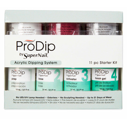 ProDip 11 Piece Acrylic System Kit containing Prep 0.5 fl oz, Base 0.5 fl oz, Activator 0.5 fl oz. Finish Gel 0.5 fl oz, Cuticle Oil 0.5 fl oz, Brush Cleaner 0.5 fl oz, Powder - Pink 2 oz, Powder - Clear 2 oz, Disposable Dipping Trays 20 ct, Cleansing Sponges 30 ct, Powder – White 0.4 oz, Powder – Pink 0.4 oz, Powder – Clear 0.4oz oz, Powder – French Muave 0.4 oz, Powder – Disco Party 0.4 oz, Disposable Dipping Trays 10 ct, Cleansing Sponges 10 ct