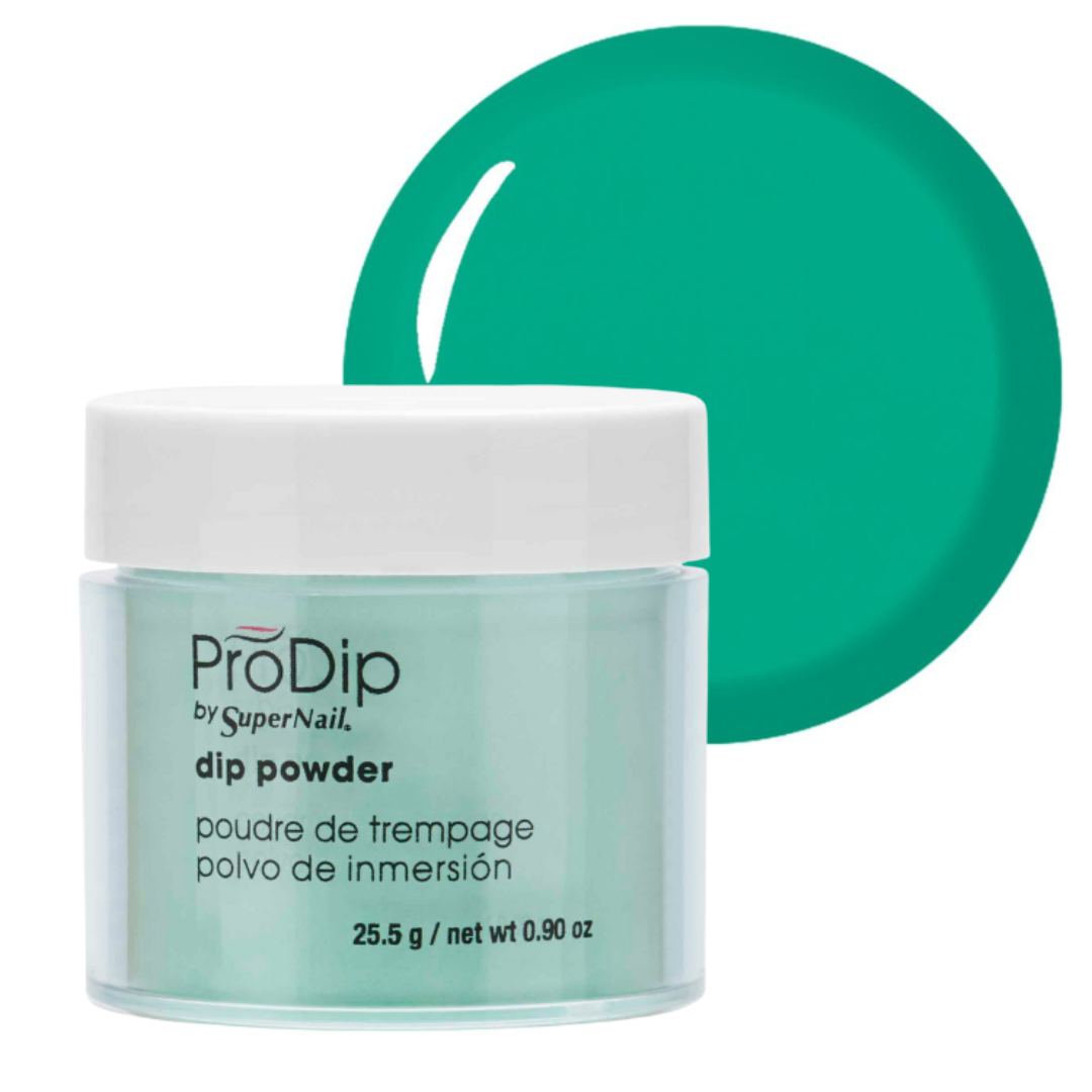 A jar of ProDip by SuperNail dipping acrylic powder in a mint green shade, shown with a large matching green circular color swatch behind it on a white background.