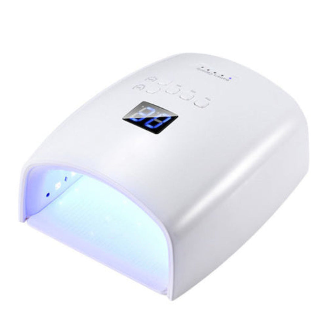 A white 48W rechargeable LED lamp with a digital timer and a blue light visible through the curved glass front.