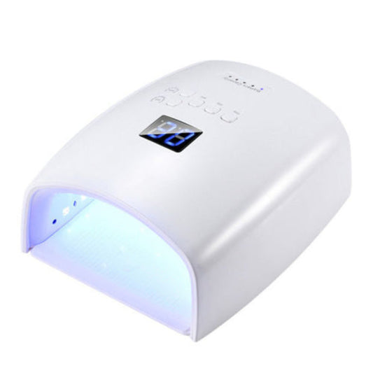 A white 48W rechargeable LED lamp with a digital timer and a blue light visible through the curved glass front.