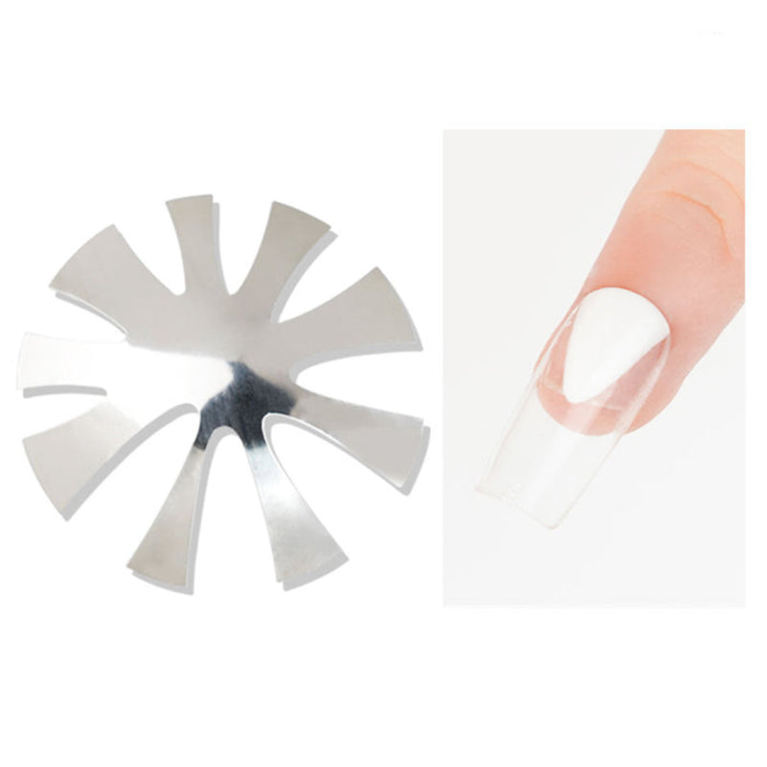 Two images, one showing a metal nail art guide tool and the other showing a nail with a French smile line cut.