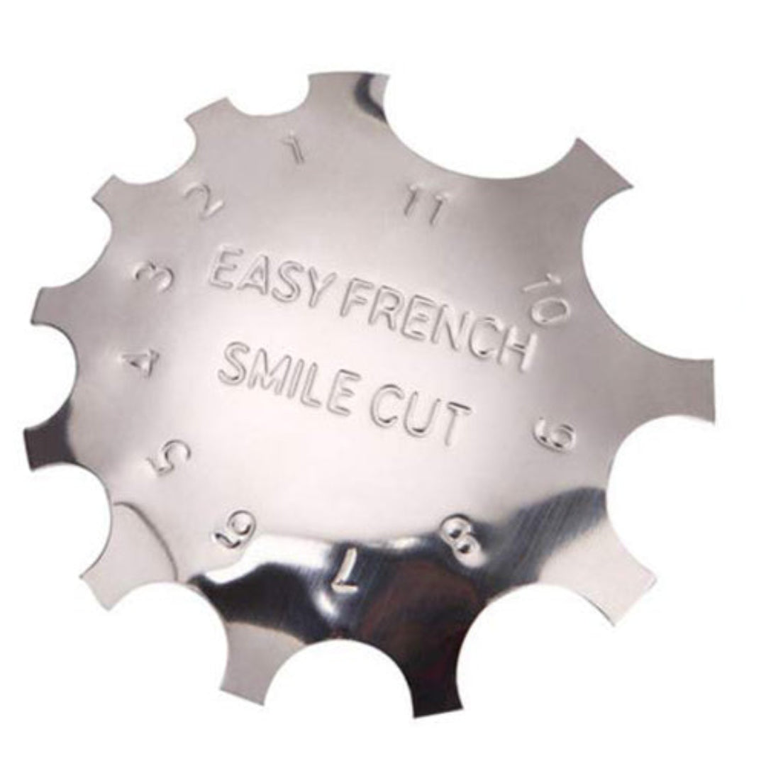 A metallic smile line nail tool with numbered slots from 1 to 11, featuring the engraved text 'EASY FRENCH SMILE CUT' in the center, shown on a plain white background.