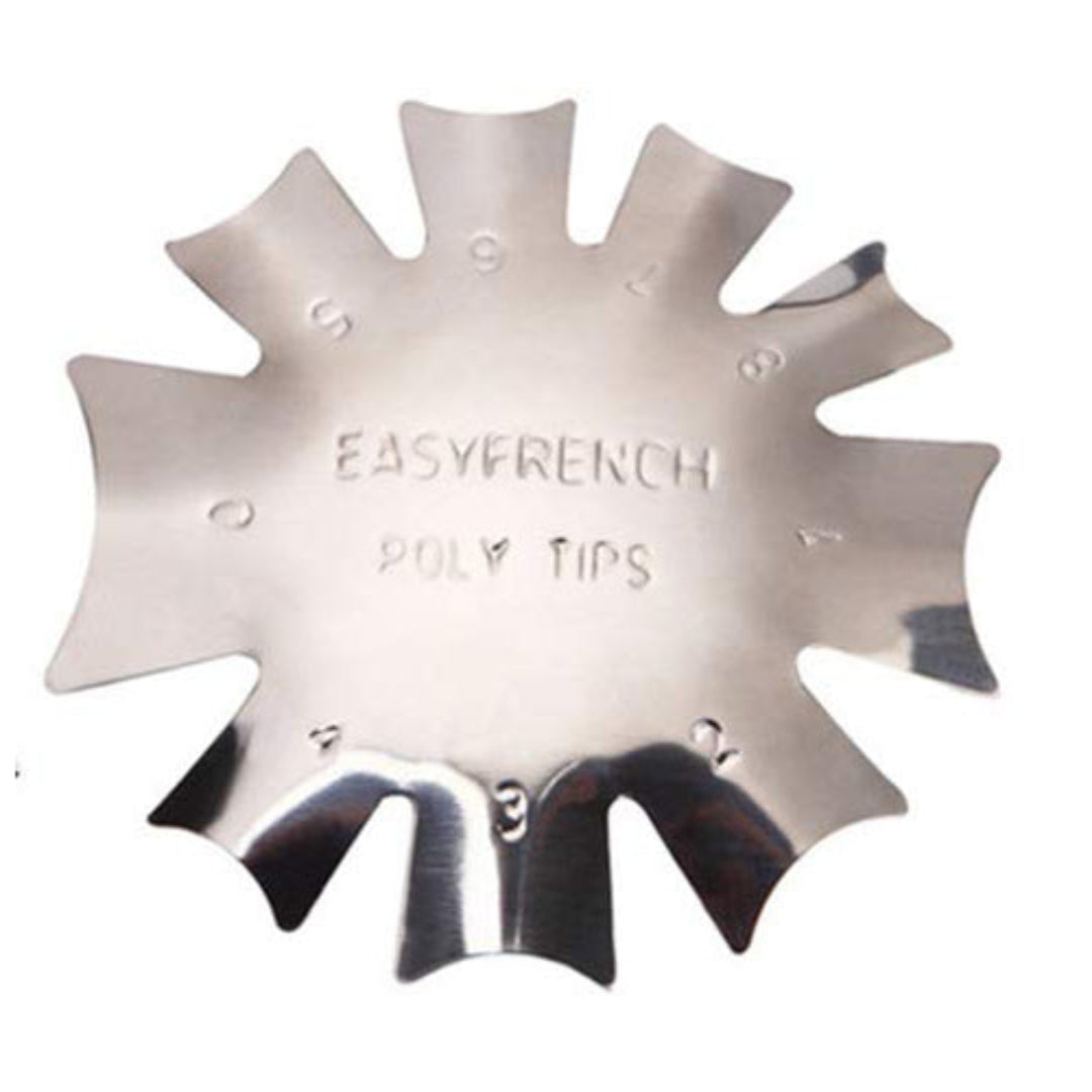 A metal nail art guide with measurements for creating a French smile line.