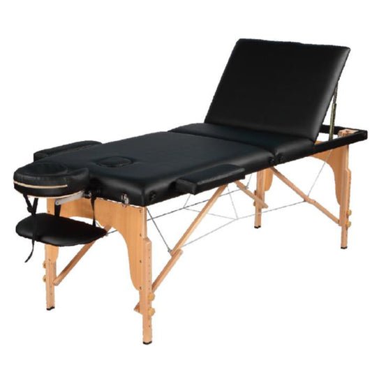 E005D Black Wooden Portable Therapist Bed | 
A foldable and height-adjustable black PVC massage table with beech wood legs, including an adjustable headrest and armrests.