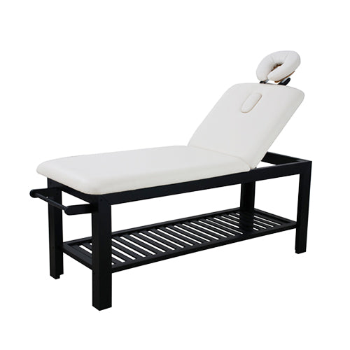 E006 Massage Bed Square with Slat Shelf - Dark Wood frame with white vinyl
