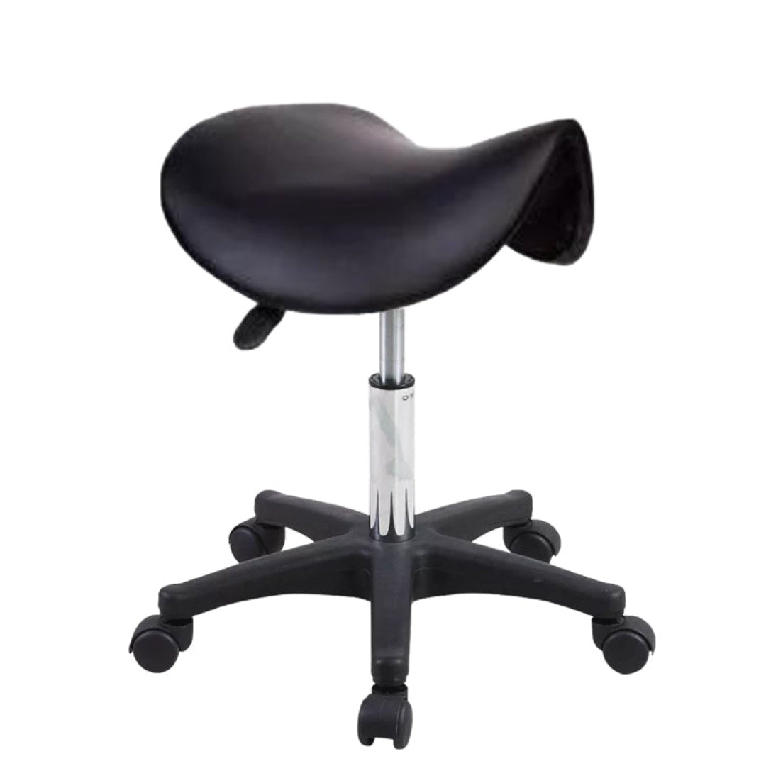 E009B - Black Therapist Saddle Chair | A black PVC leather therapist manicure saddle stool with a five-star nylon-base and gas lift mechanism, featuring a black frame and castors for mobility.