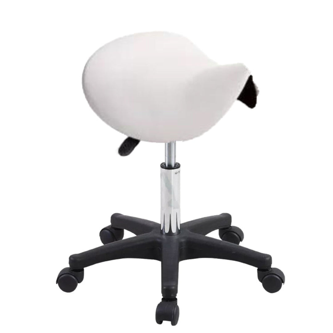 E009C White Therapist Saddle Stool | A white PVC leather therapist manicure saddle stool with a five-star nylon-base and gas lift mechanism, featuring a black frame and castors for mobility.