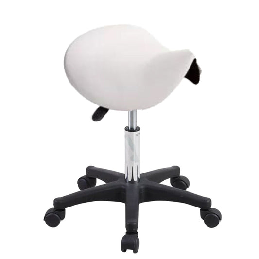 E009C White Therapist Saddle Stool | A white PVC leather therapist manicure saddle stool with a five-star nylon-base and gas lift mechanism, featuring a black frame and castors for mobility.