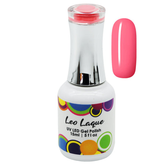 A bottle of Leo Laque UV LED Gel Nail Polish in a vibrant pink shade, shown alongside a matching pink nail swatch on a plain white background.