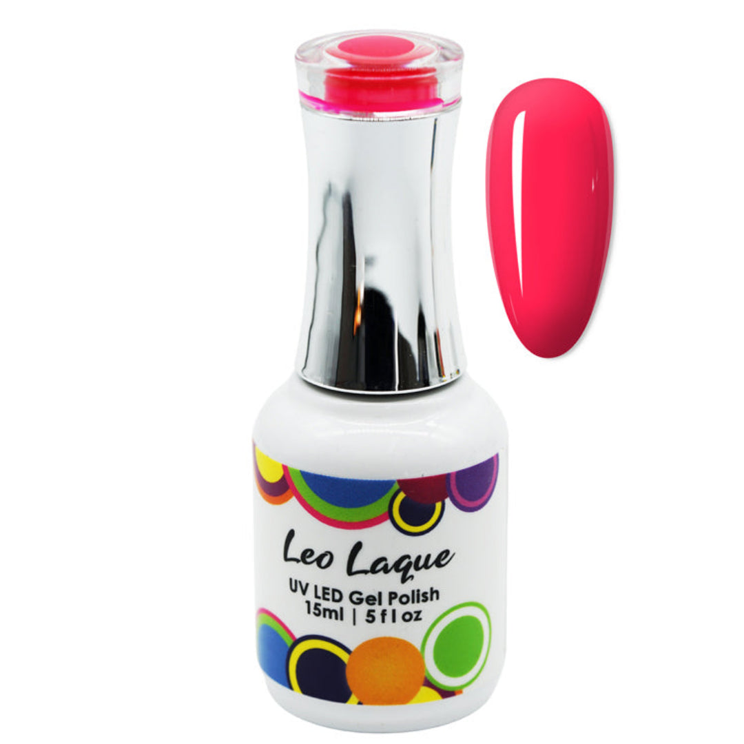 A bottle of Leo Laque UV LED Gel Polish in a bright hot pink shade, shown alongside a matching glossy nail swatch on a plain white background.