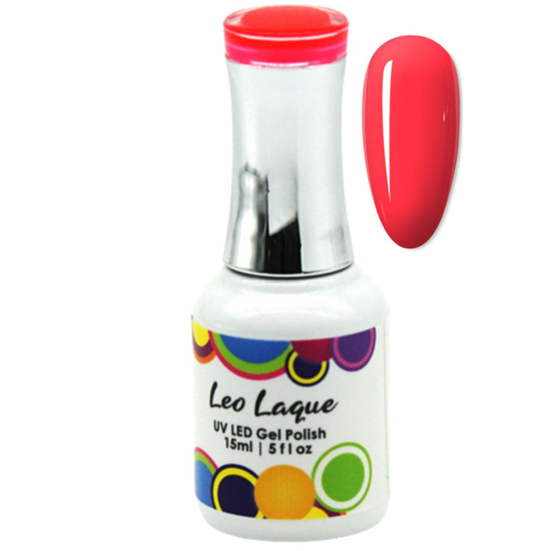 A bottle of Leo Laque UV LED gel polish in a bright red shade, shown alongside a matching red nail swatch on a plain white background.