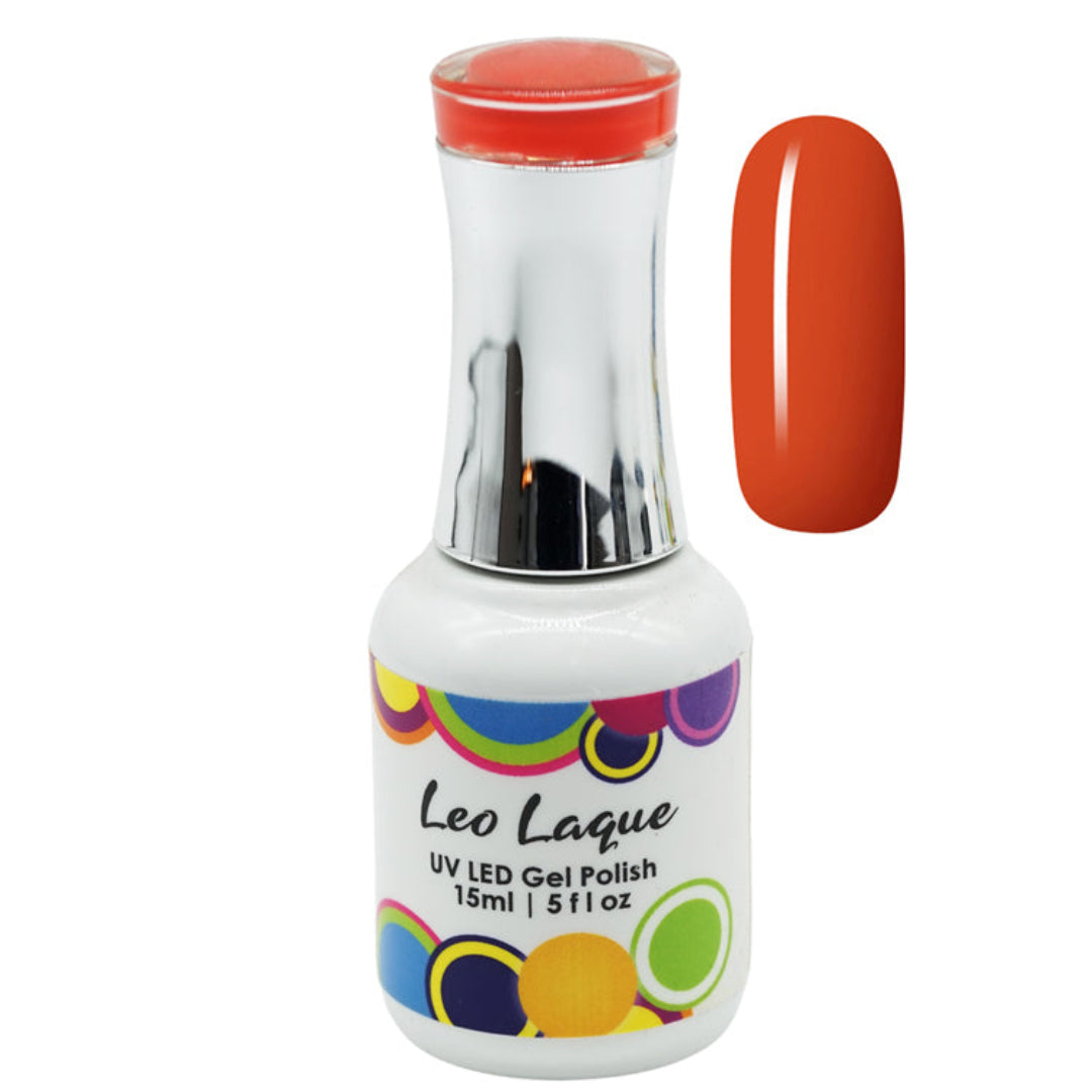 A bottle of Leo Lague UV LED Gel Polish in a vibrant orange-red shade, shown next to a matching glossy nail color swatch on a plain white background.