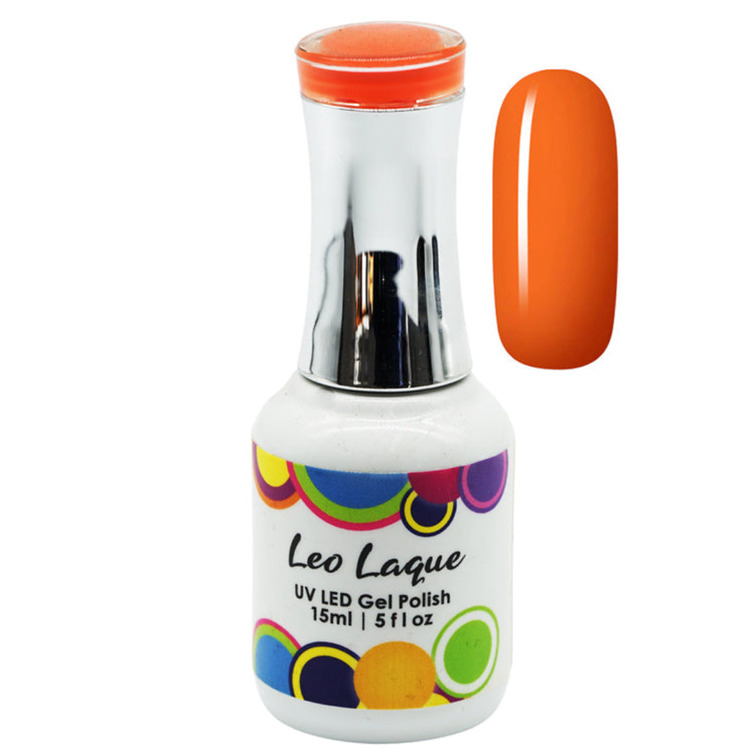 A bottle of Leo Laque UV LED Gel Polish in a vibrant orange shade, shown alongside a matching glossy orange nail swatch on a plain white background.