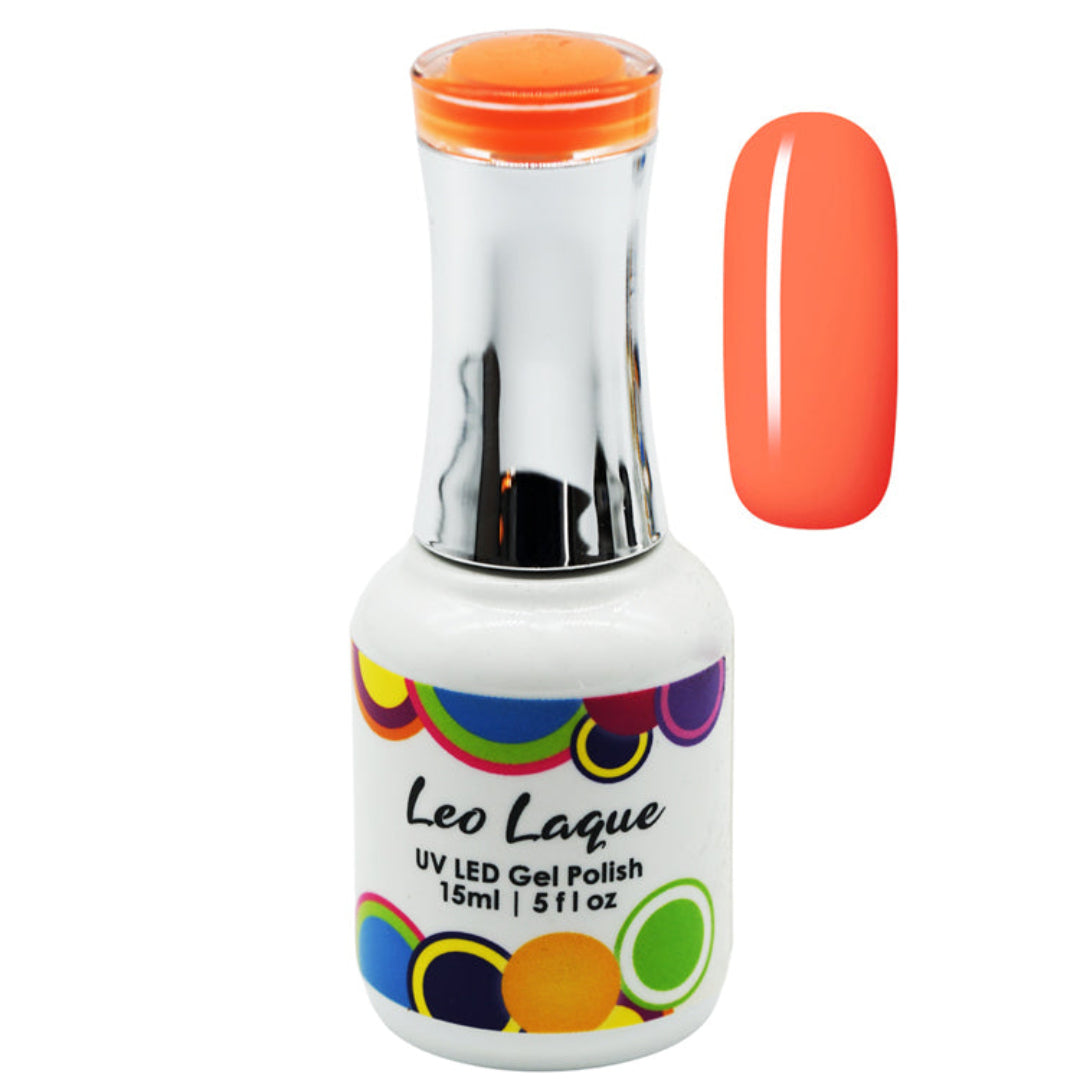 A bottle of Leo Laque UV LED gel polish with a metallic silver neck and a white base decorated with colorful circular patterns. The bottle is shown next to a vertical swatch of the coral-orange polish color on a clean white background.