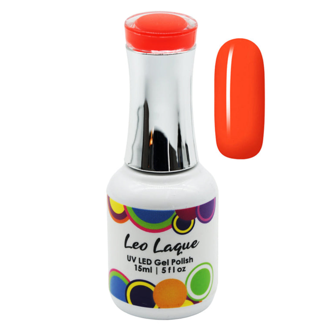A bottle of Leo Laque UV LED gel nail polish in a bright orange-red shade, shown alongside a matching glossy nail color swatch on a plain white background.