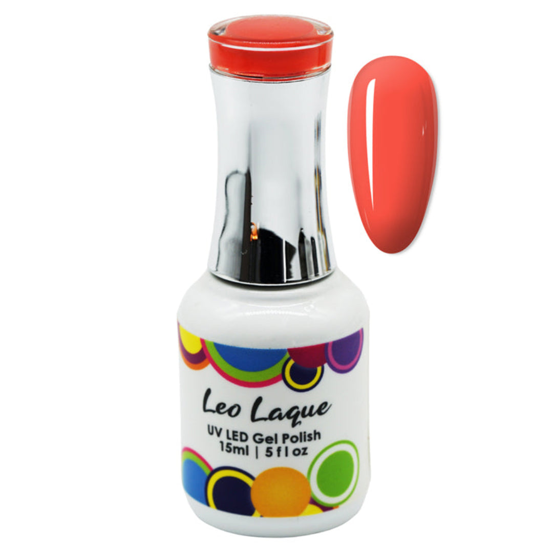 A bottle of Leo Laque UV LED Gel Nail Polish in a vibrant coral-red shade, shown alongside a matching glossy nail swatch on a plain white background.