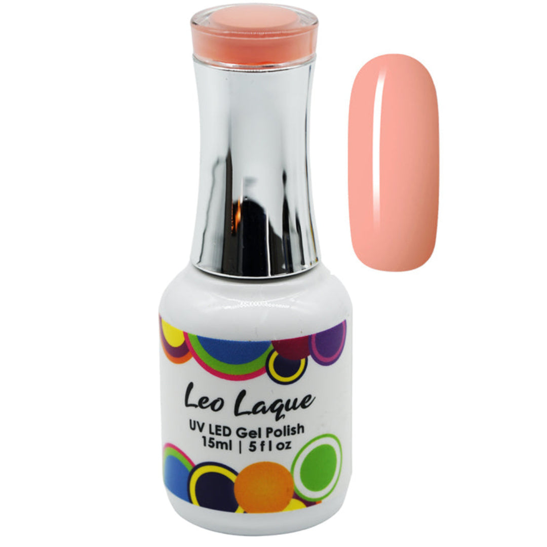 A bottle of Leo Laque UV LED Gel Polish with a metallic silver neck and a peach-colored cap, shown next to a vertical swatch of the peach-colored gel polish on a white background.