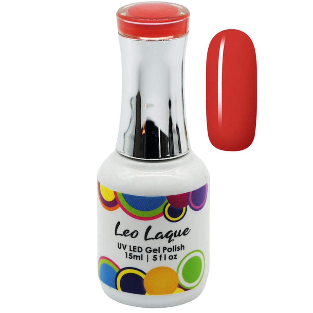 A bottle of Leo Laque UV LED Gel Nail Polish in a vibrant red shade, shown alongside a matching red nail swatch on a plain white background.