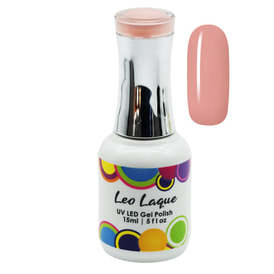 A bottle of Leo Laque UV LED Gel Polish in a dusty pink shade, shown alongside a matching pink nail swatch on a plain white background.