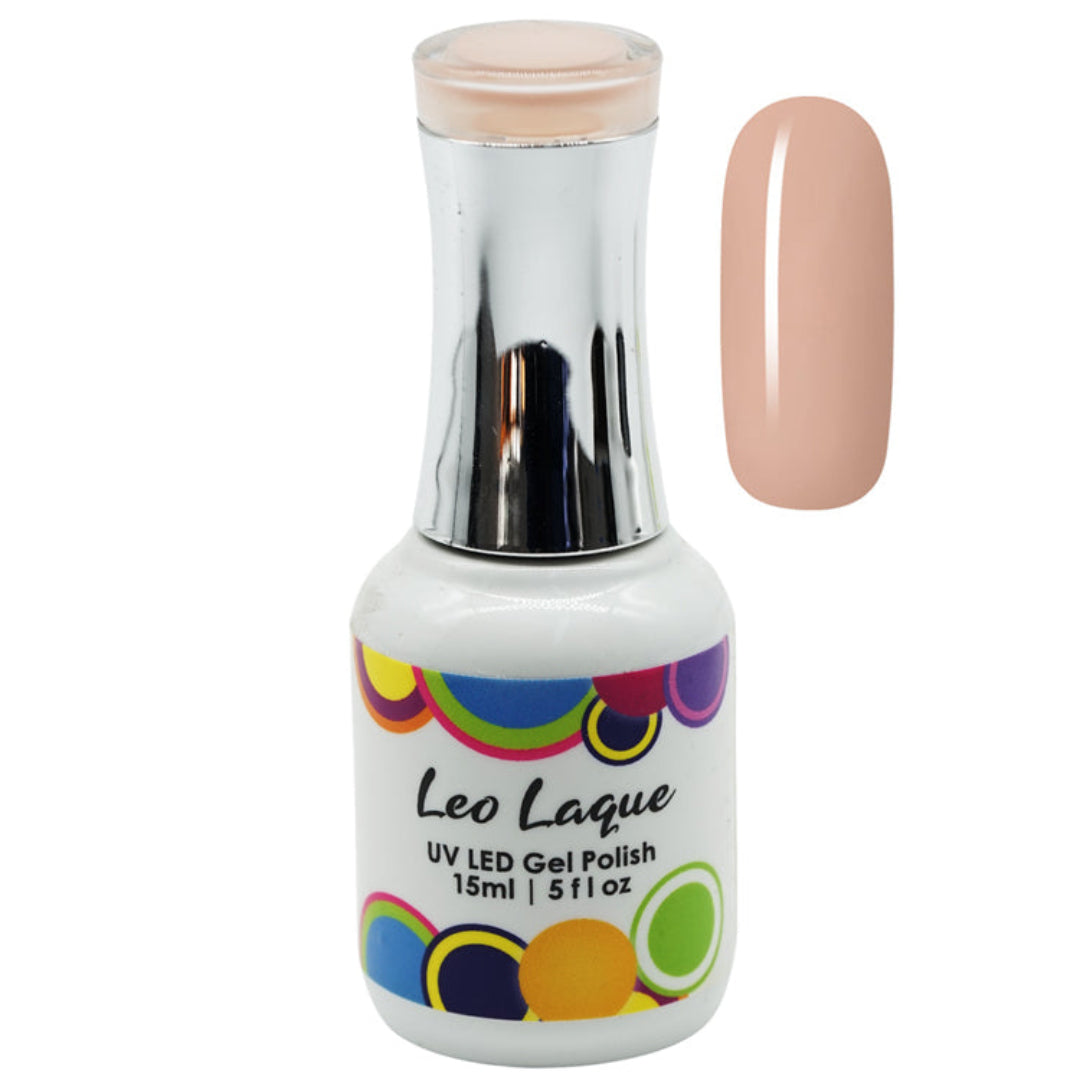 A bottle of Leo Laque UV LED Gel Polish with a metallic silver cap and a white label featuring colorful circular patterns. A vertical swatch of the peach-beige gel polish is shown next to the bottle on a plain white background.