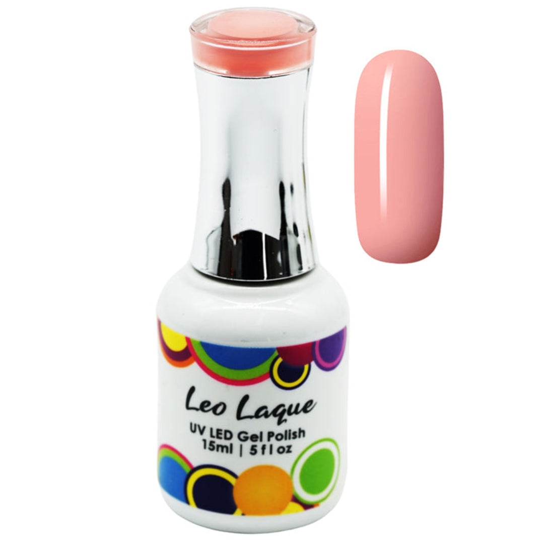A bottle of Leo Lague UV LED Gel Polish with a glossy white cap and a colorful circular pattern on the label, shown next to a vertical swatch of the pinkish-peach gel polish.