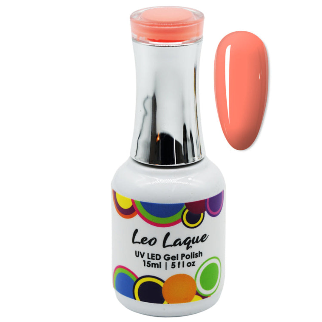 A bottle of Leo Laque UV LED gel nail polish in a peachy coral shade, shown alongside a matching glossy nail swatch on a plain white background.