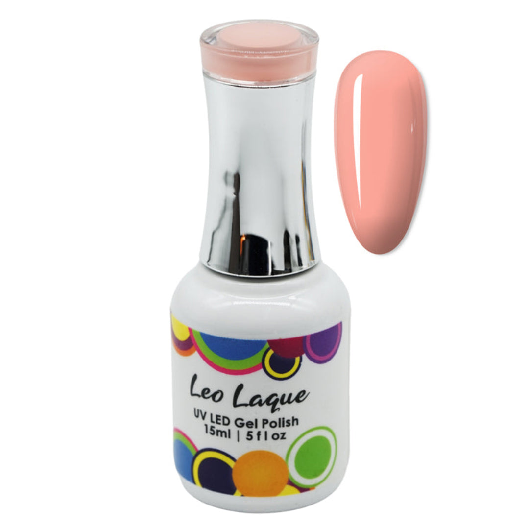 A bottle of Leo Lague UV LED gel polish in a peachy pink shade, shown next to a matching nail color swatch on a plain white background.