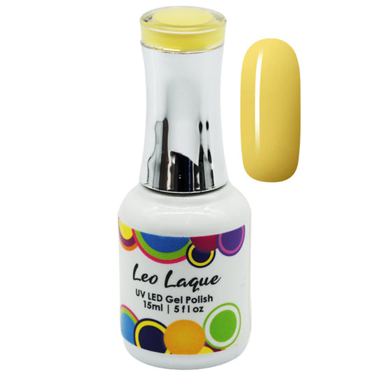 A bottle of Leo Laque UV LED gel nail polish in a bright yellow shade, shown alongside a matching yellow nail swatch on a plain white background.