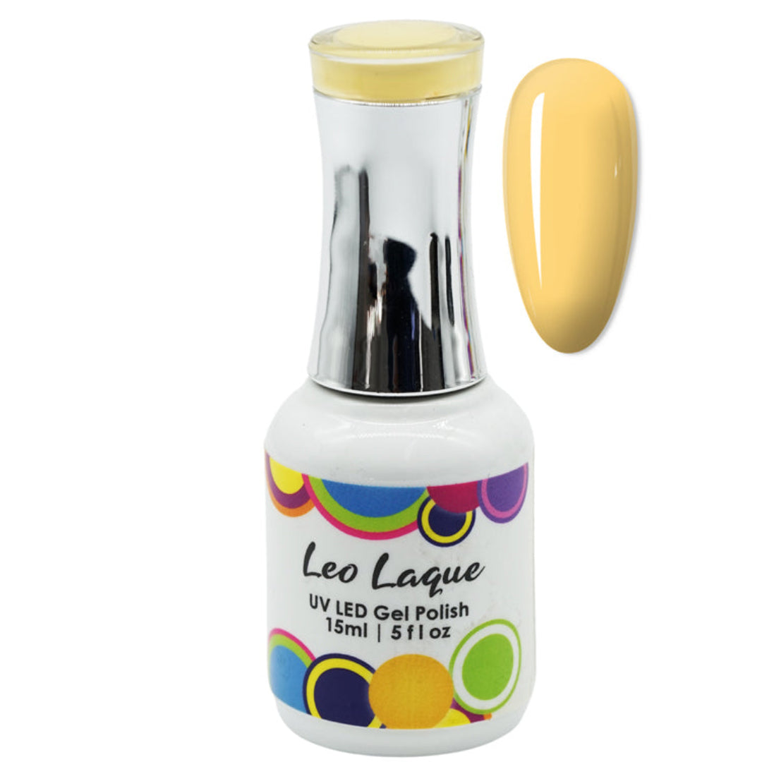 A bottle of Leo Laque UV LED Gel Polish in a pale yellow shade, shown next to a matching glossy nail swatch on a plain white background.