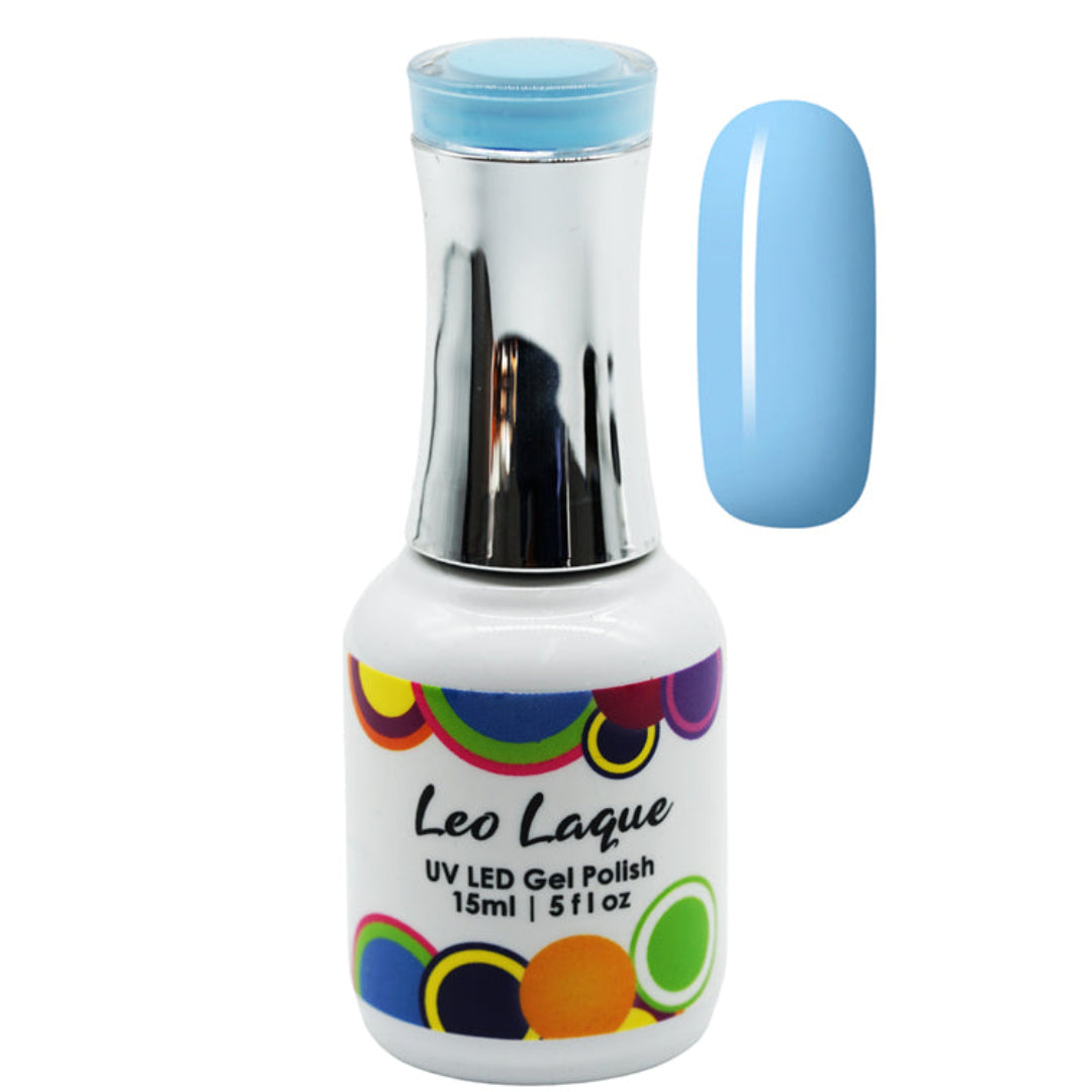 A bottle of Leo Laque UV LED Gel Polish with a light blue cap and a matching light blue nail polish swatch shown next to it on a white background.
