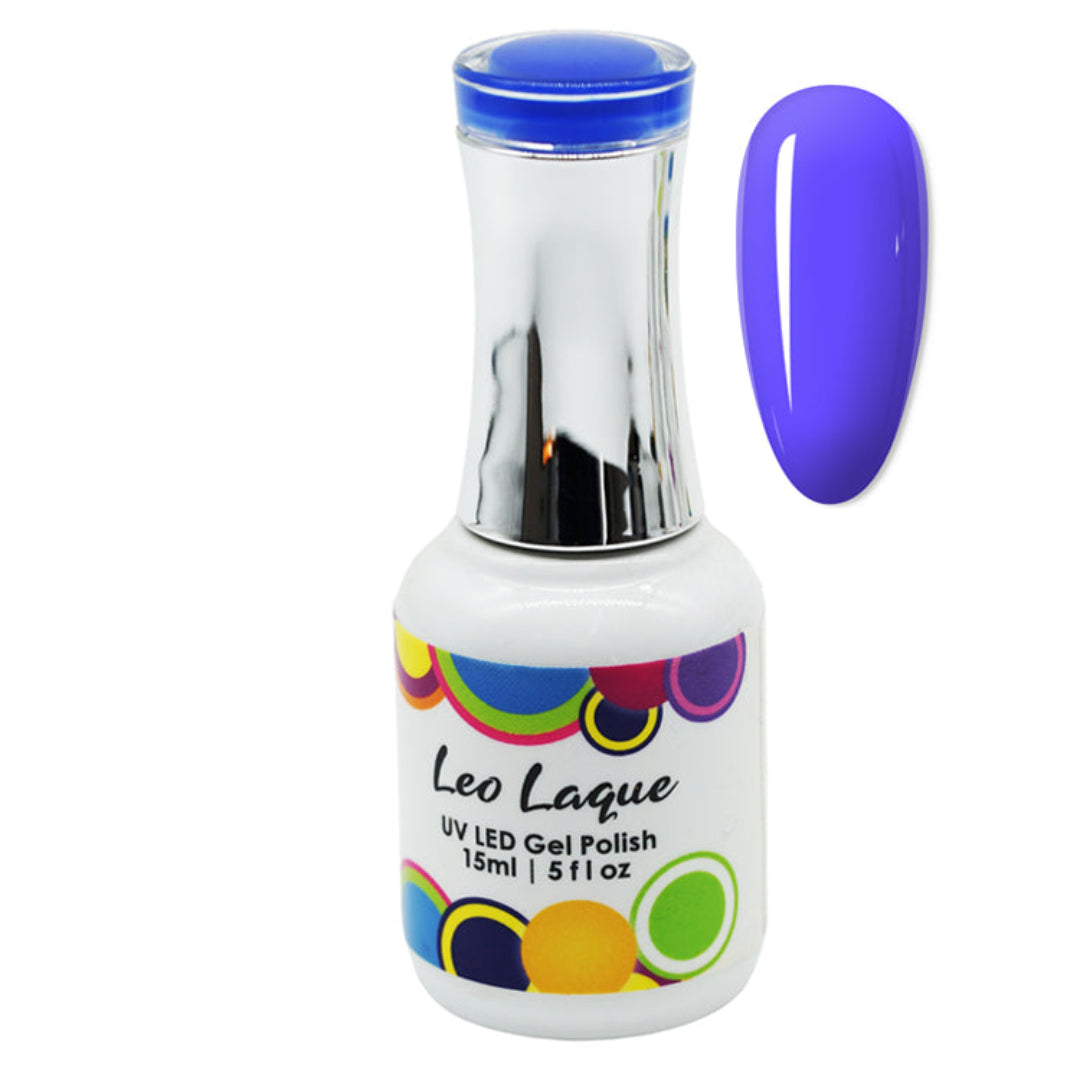 A bottle of Leo Laque UV LED gel nail polish in a vibrant purple shade, shown next to a matching glossy purple nail swatch on a plain white background.