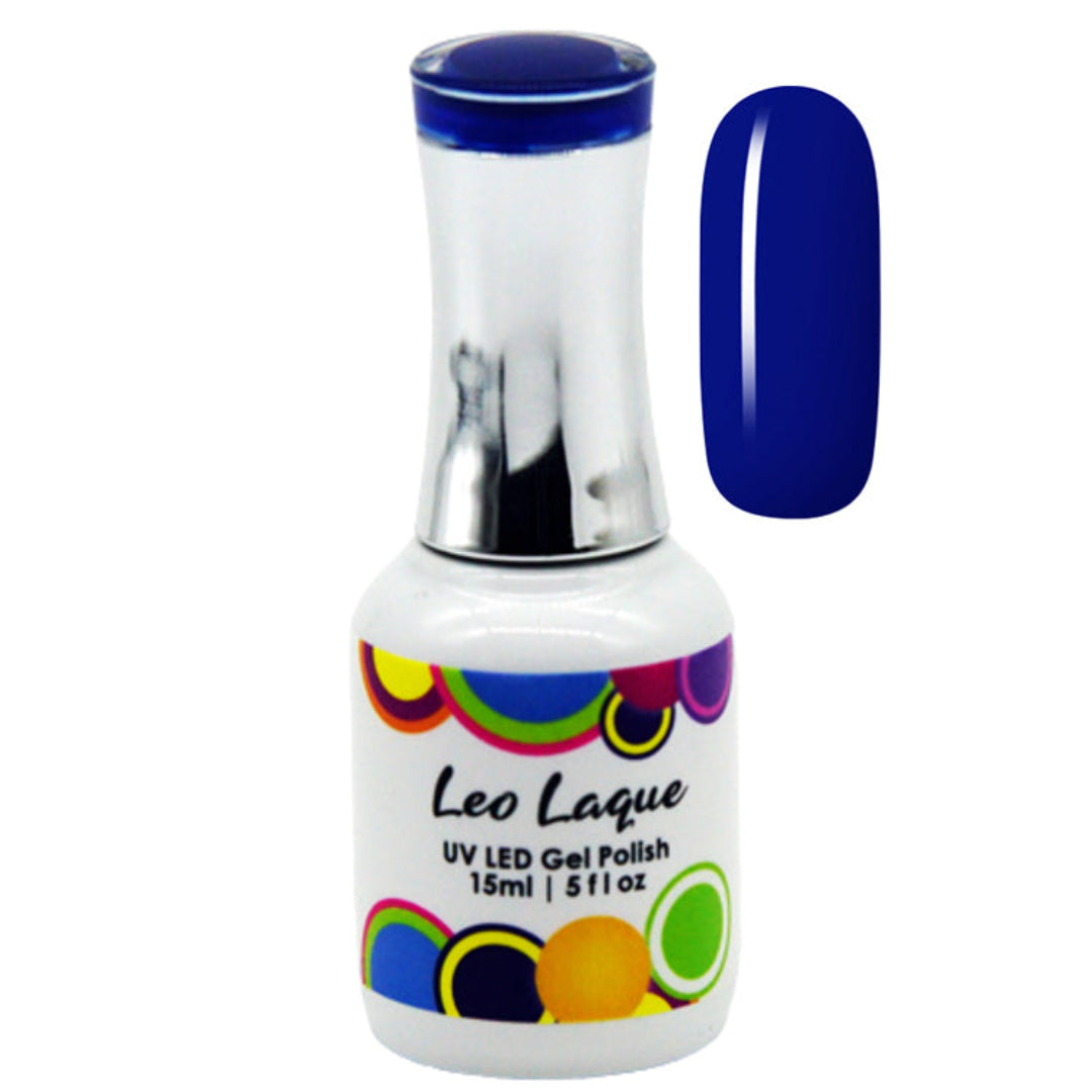 A bottle of Leo Laque UV LED Gel Polish in a deep royal blue shade, shown alongside a matching blue nail swatch on a plain white background.