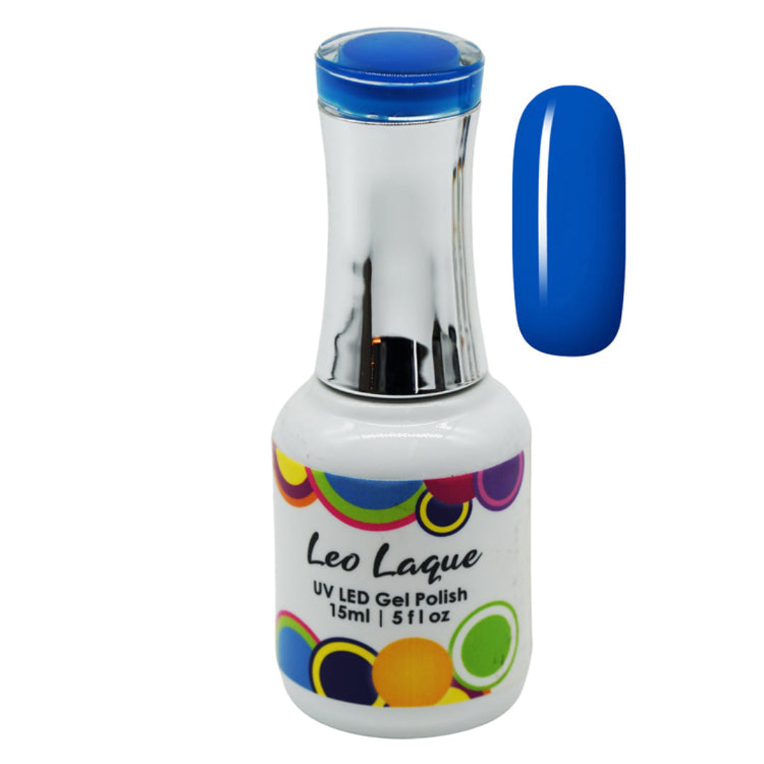 A bottle of Leo Laque UV LED gel polish in a vibrant royal blue shade, shown alongside a matching blue nail swatch on a plain white background.