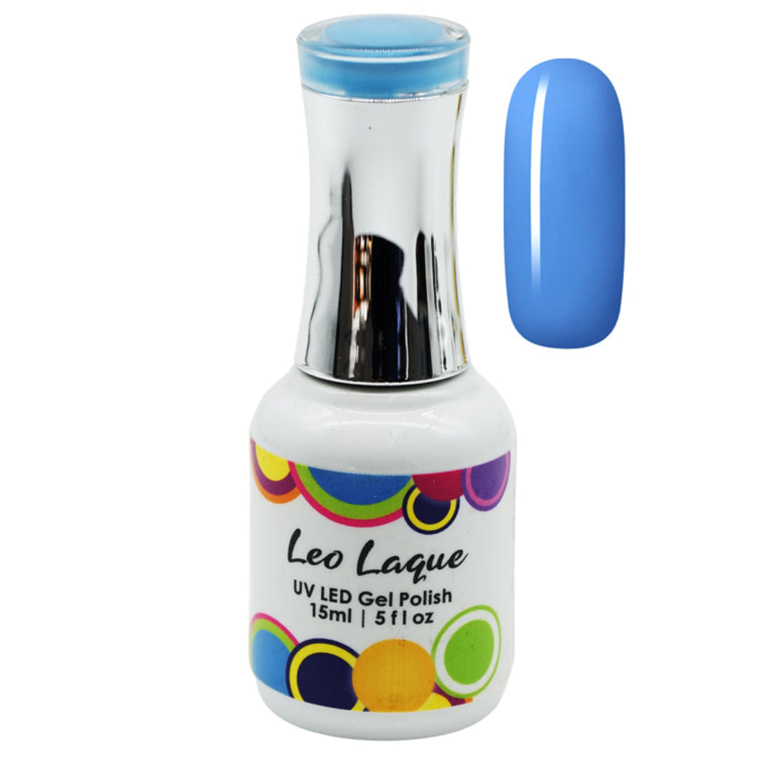 A bottle of Leo Laque UV LED Gel Polish in a vibrant medium blue shade, shown next to a matching blue nail swatch on a plain white background.