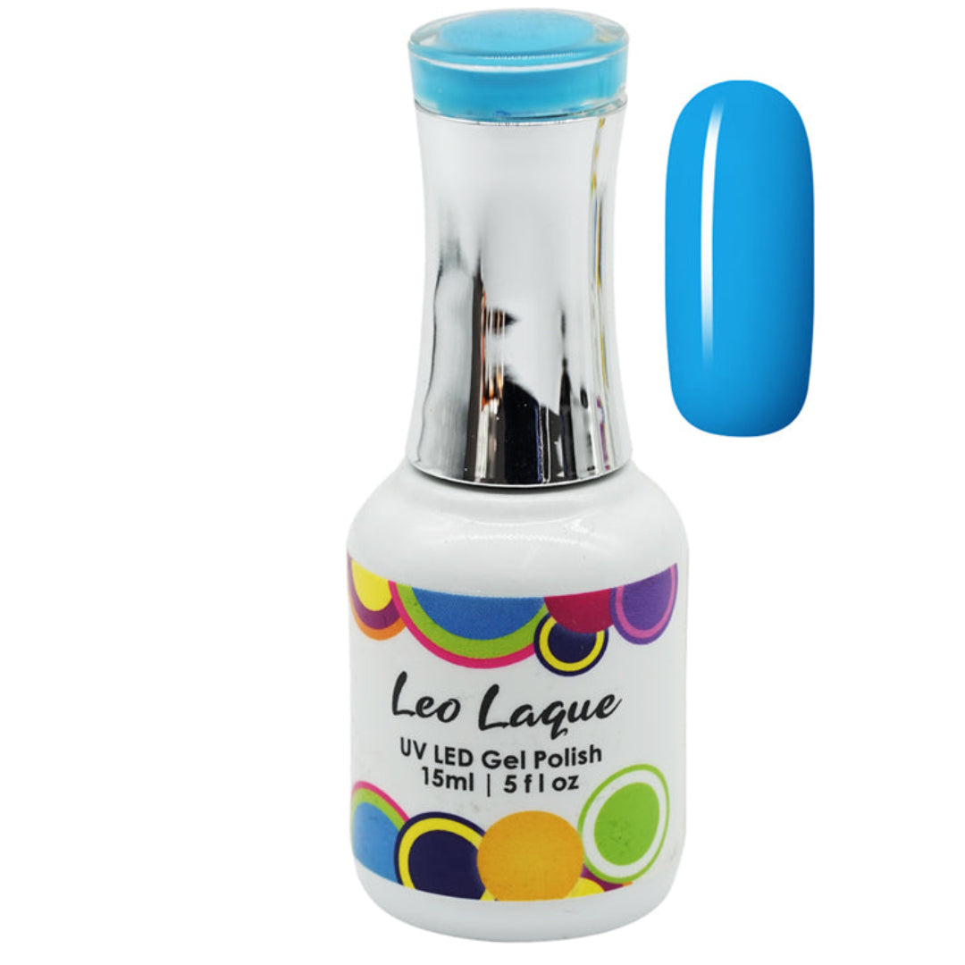 A bottle of Leo Laque UV LED gel polish in a bright cyan blue shade, shown alongside a matching blue nail swatch on a plain white background.
