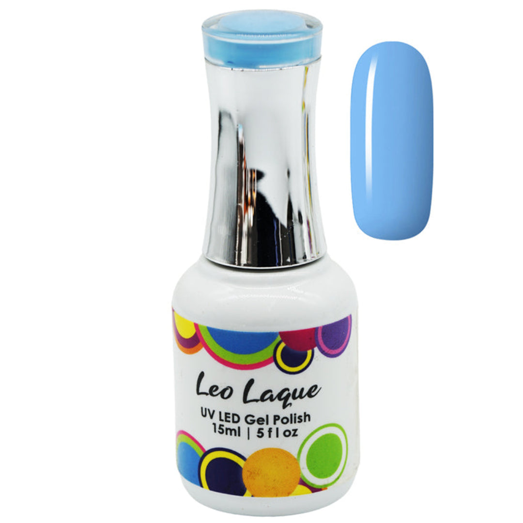 A bottle of Leo Laque UV LED Gel Polish in a light blue shade, shown next to a matching light blue nail swatch on a plain white background.