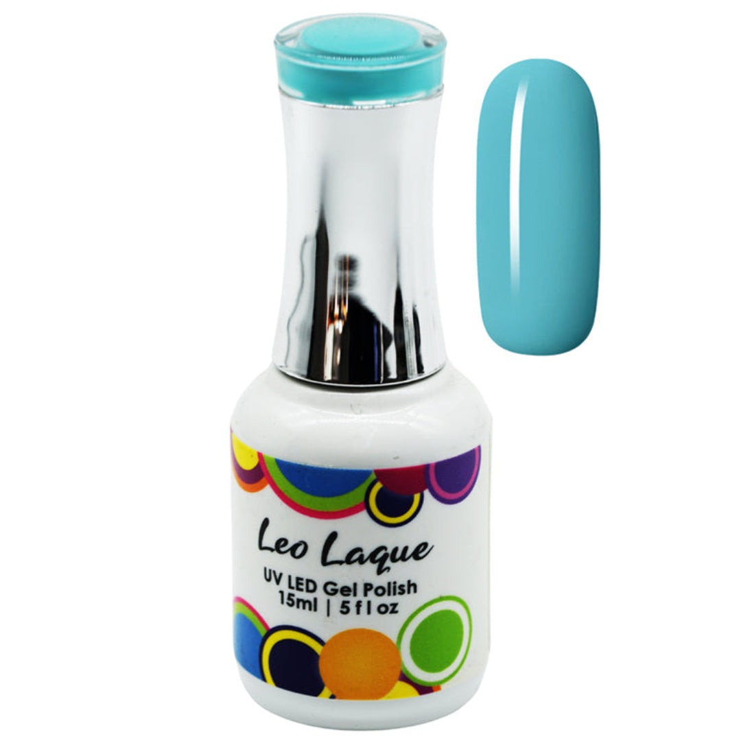 A bottle of Leo Laque UV LED Gel Polish in a light turquoise blue shade, shown alongside a matching nail color swatch on a plain white background.