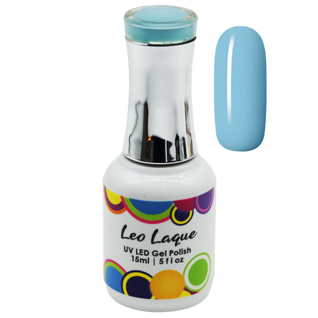 A bottle of Leo Laque UV LED Gel Polish with a silver neck and a white label featuring colorful polka dots, shown next to a light blue nail swatch on a white background.