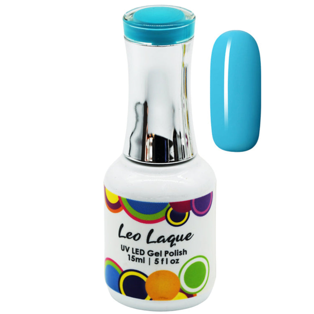 A bottle of Leo Laque UV LED Gel Polish in a bright turquoise blue shade, shown next to a matching glossy nail color swatch on a plain white background.