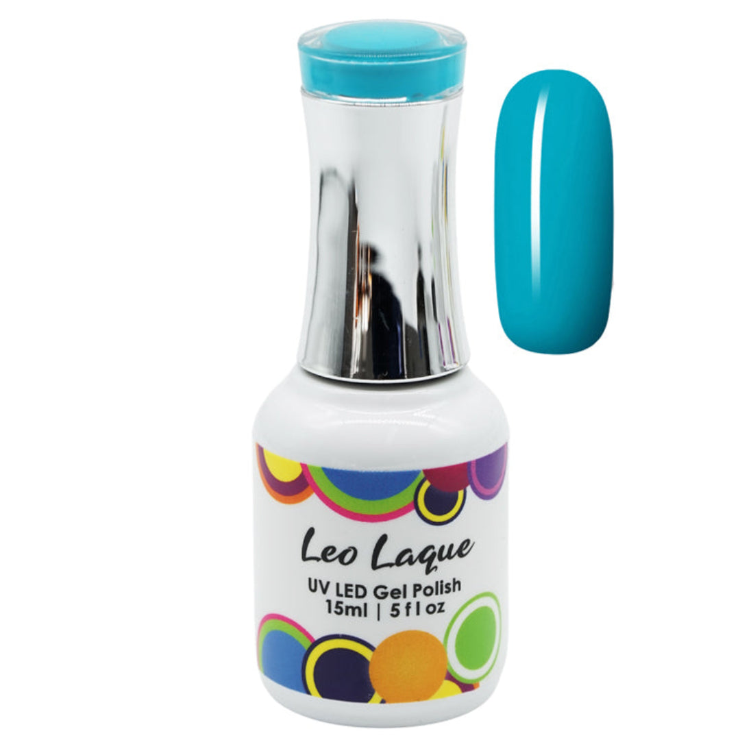 A bottle of Leo Laque UV LED gel nail polish in a bright turquoise blue shade, shown alongside a matching glossy nail swatch on a plain white background.