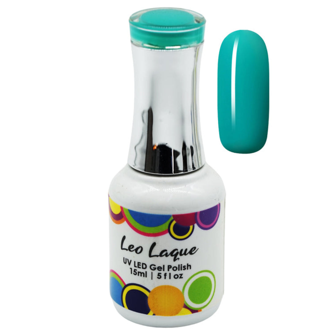 A bottle of Leo Laque UV LED gel polish in a vibrant turquoise shade, shown alongside a matching nail color swatch on a plain white background.